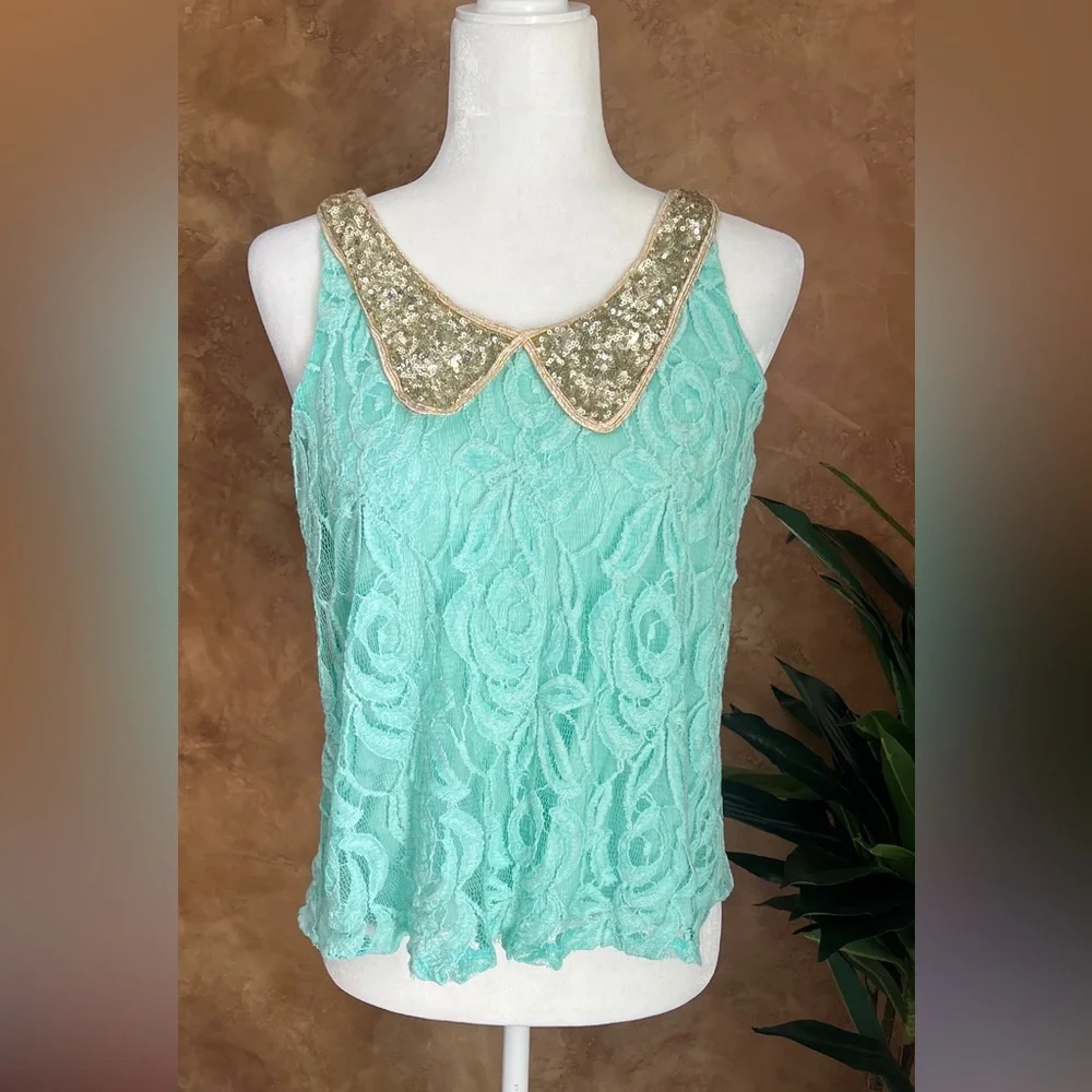 Daytrip Teal sheer sleeveless gold collar top sz Medium - Picture 2 of 7